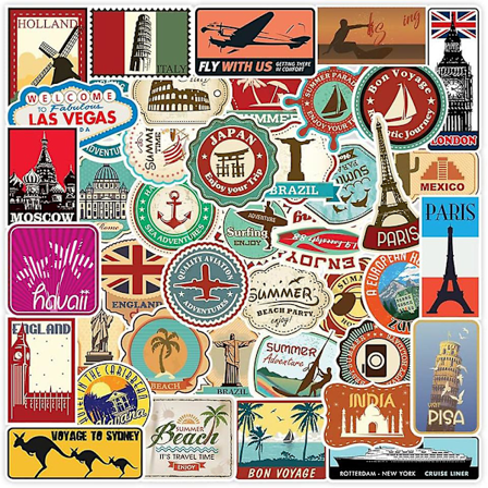 100 stk. computer kuffert klistermærker, rejse klistermærker, land, by, strand mange og forskellige, farverige klistermærker til at dekorere fotoalbum