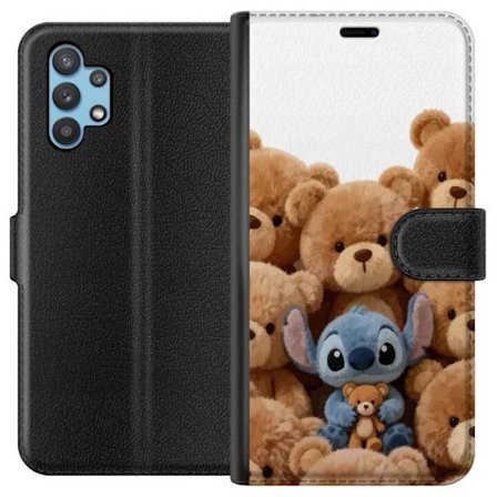 Kompatibel Tegnebogsetui til Samsung Samsung Galaxy A32 5G Sød og sikker illustration med Stitch omgivet af bamser, der skaber en varm og legende fø