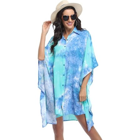 Kvinnors baddräkt Cover Up 3/4 ärm Beachwear Bikini Coverups Button Down