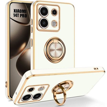 Coque för Xiaomi 14T Pro, Silikon Stötsäker Skydd med Rotterande Ring 360° - Vit
