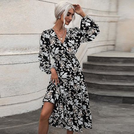 Dame Høst V-hals Pufferme Høyt Liv Splitt Swing Blomstertrykt Lang Kjole S-XL