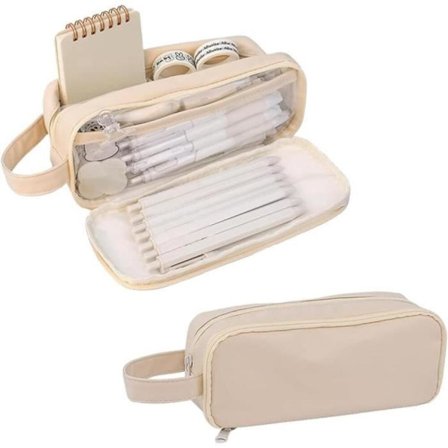 Sødt penalhus til skolen, 5 rum, beige, PVC, lynlås.