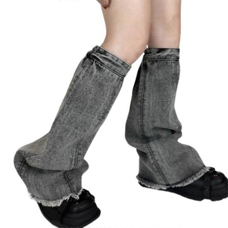 Jeansbenvarmere med slidt kant og elastiske manchetter til kvinder, Harajuku Punk, vasket denim, lange flared strømper