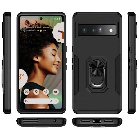 Google Pixel 7 Pro Hybrid skal med Finger Ring & Metall Plåt - Svart