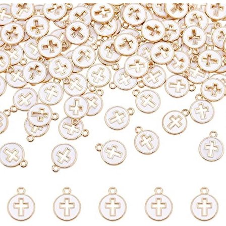 100 stk. flate runde emaljekors-smykker hule hvite kors-smykker legering emalje krusifiks-smykkeanheng for påskehåndverk smykkelaging