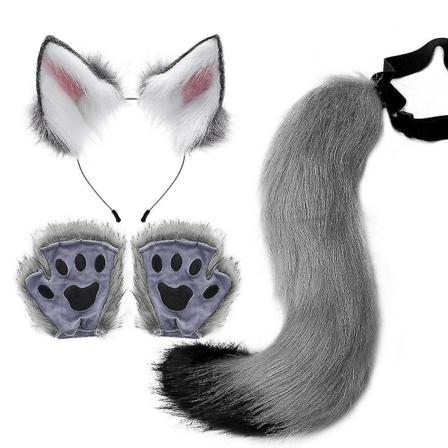 Lolita Simulering Beast Claw Plysj Revhale Hodebånd Falsk Pels Lang Pote Cosplay Rekvisitter Halloween Fest Tilbehør Sett Grey
