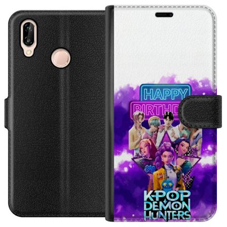 Kompatibelt Plånboksfodral till Huawei P20 lite HuntrX Neon Beats motiv med KPop Demon Hunters i en futuristisk stadsmiljö, neonljus, musik och star