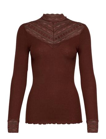 Silk T-Shirt Regular Ls W/Wide Lace Blus Långärmad Brun Rosemunde