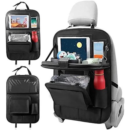 Bilsätesorganiserare med inbyggt bord och soptunna, konstläder