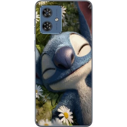 Motorola Moto G54 Gennemsigtig cover Stitch falder fredeligt i søvn i en eng af prestekraver, hvor det bløde lys og naturens ro skaber en varm og af