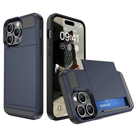 Etui til iPhone 13 mini med skydbart kortrum, marineblå slot armor