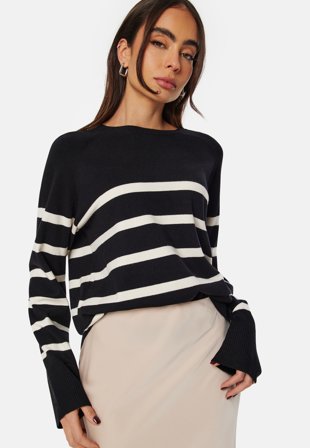 Pieces Sia LS Knit Pullover Black Stripe: White Klær