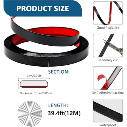 Liimattava seinälista, viimeistelylista, koristelista, joustava lista huonekalujen koristeluun, peilin reunus, seinä, ovi (2 cm x 12 m, musta)