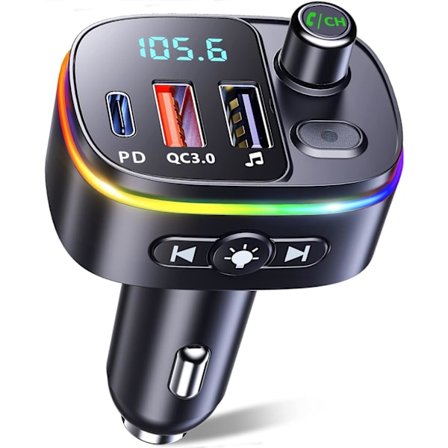 Bluetooth 5.0, QC3.0 & PD 18W USB C Bluetooth bil-FM-sender med 9 RGB-bakgrunnsbelysning, bil-Bluetooth-adapter støtter håndfri samtaler, assistent, 