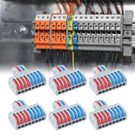 6 KPL 2 sisään 8 ulos -liitinkiskoa, 8-tiehaaraliittimet, vipuvartiset sähköjohtojen jatkosliittimet, 10 mm kuorinta