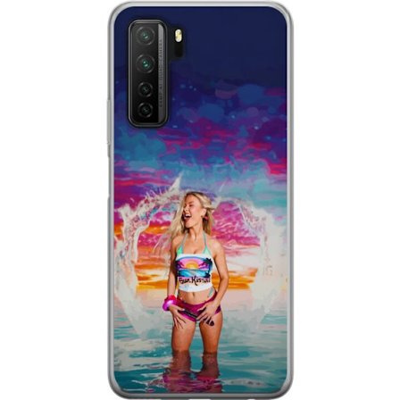 Kompatibel Mobilcover til Huawei P40 lite 5G Blond kvinde i farverigt strandtøj, der leger i havet ved solnedgang