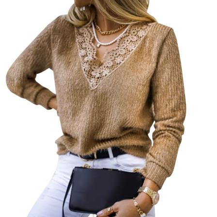 Kvinnor Höststil Lace Edge Stickad Varm V-ringad Vanlig Tröja