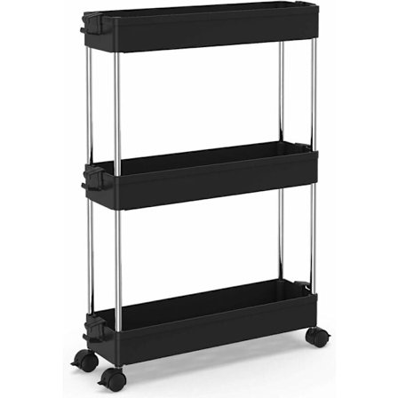 3-vånings kökvagn smal nischhylla på hjul platsbesparande badrumshylla och kökhylla för kök kontor badrum 40x13x61cm svart