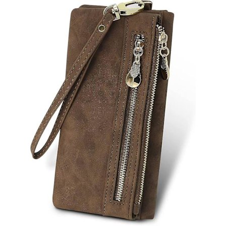 Naisten vegaaninen nahkalompakko pitkä kaksiosainen kukkaro naisille vetoketjullisella kolikkotaskulla (kahvi)