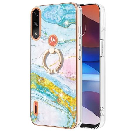 Marble Patterned Suojakuori With Ring Holder For Motorola Moto E7i Power / E7 Power - Vihreä And Keltainen Marble Haze