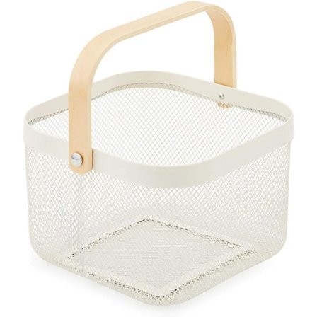 Dekorativ Fruktkurv i Metall, Oppbevaringskurv, Metallnettkurv med Trehåndtak for Kjøkken, Hyller, Matbod, 24 x 16 cm, Hvit