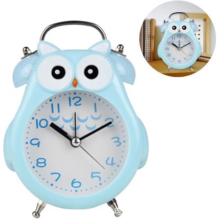 Stille, tikkende vækkeur med natlys og snooze, batteridrevet og let at indstille, sødt ugle dekorativt ur til børn, pigeværelse, blå