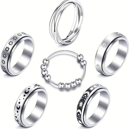 6-Pack Stressring - Roterbar Antistressring,Roterande måne och stjärna, Ångest Ring, Fidget Ring för unisex
