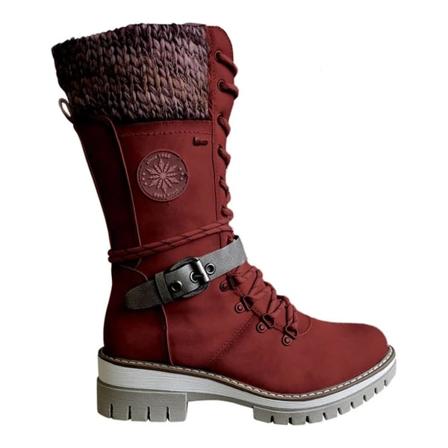 Kvinnor spänne spets stickade mid-calf stövlar Låg klack rund tå stövlar Red 38