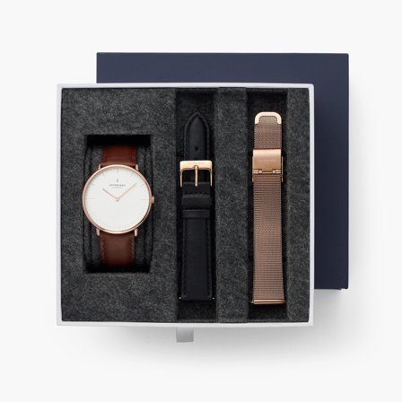 Nordgreen Minimalistist Slim Women's Watch - White Dial - Rose Gold - Brown Leather / Black Leather / Rose Gold Mesh 32mm Straps Native White Dial