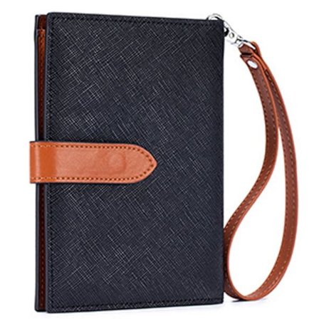 Sort Læder Pas Pung, RFID Blokerende Rejseholder til Familie med Flere Kortlommer, Lynlåslomme til Mønter og SIM Opbevaring