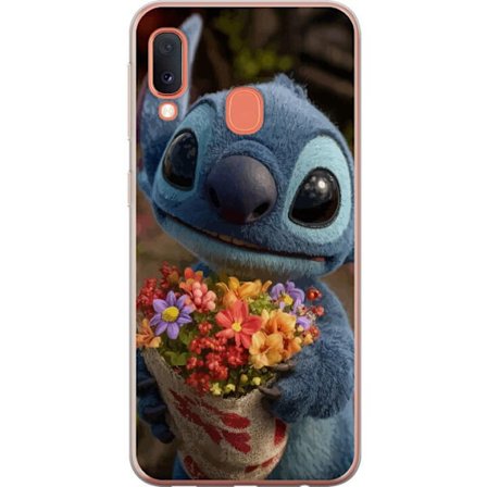 Kompatibel Mobilcover til Samsung Samsung Galaxy A20e Sød blå figur med store øjne, der holder en farverig buket i en varm og kær stil