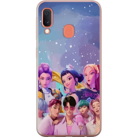 Kompatibel Mobilcover til Samsung Samsung Galaxy A20e HuntrX Collab motiv med KPop-inspirerede piger og drenge i farverig futuristisk stil med glimmer