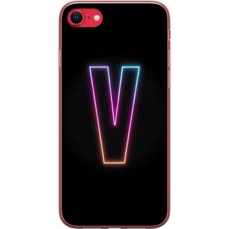 Yhteensopiva Puhelinkuori Apple Apple iPhone SE (2020) Neonkirjain V värikoodattu valossa mustaa taustaa vasten, minimalistinen muotoilu selkeällä