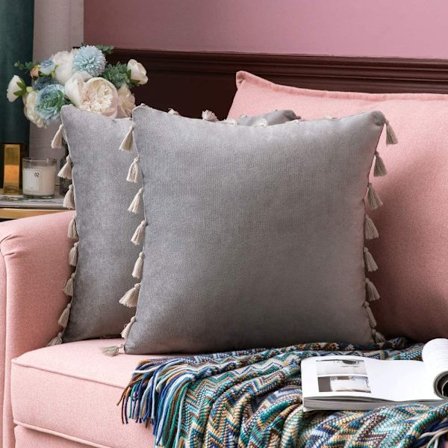 2-pack Sammetslena Dekorativa Kuddfodral med Fransar Bohemisk Kuddfodral för Soffa Säng 45x45cm Grå