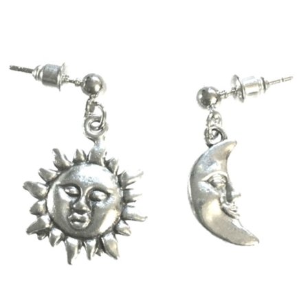 Earrings - Sun - Crescent Moon - Asymmetrical - Pin