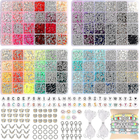 9600 Lerperler til Smykkeproduksjonsett, 96 Farger Spaced Black Stone Beads Flat Round Polymer Clay Beads Med Bokstavperler Smiley Perler Og Elastisk 
