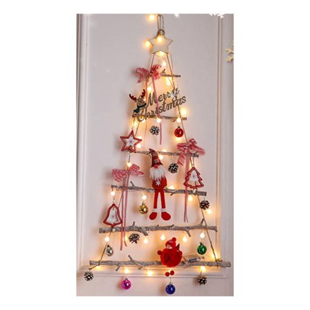 90 cm/3 fot stort juletre med lys for vegg, 40 varmhvite LED-lys, batteridrevet hengende juledekorasjon for vegg, treropestige for soverom