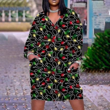 Santa Claus Print Dress Damemote Kortermet Julekjole LQ43593001 3XL