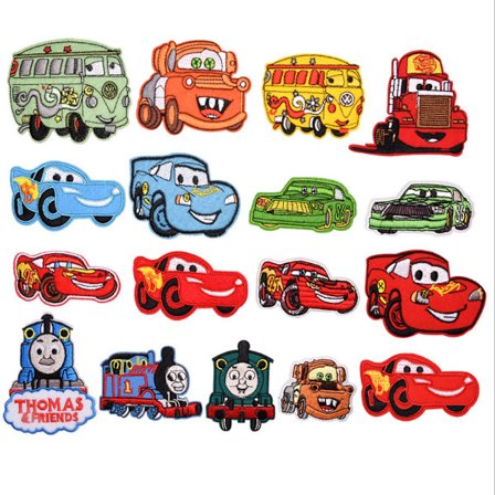 17 stk. stryge- eller sy-bus, sportsvogn, brandbil-patches