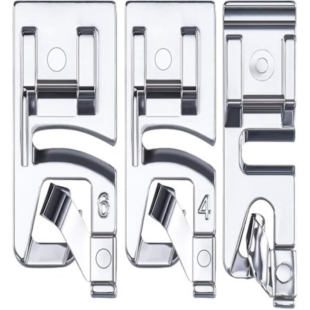 3-delt sett med smale rullede sømmer (3 mm, 4 mm og 6 mm) symaskin