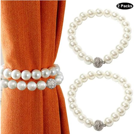 Magnetiska gardinuppsättningar, dekorativa pärlstil gardinuppsättningar klämmor eleganta fönsterdraperier repband, passar alla gardiner (2, vita)