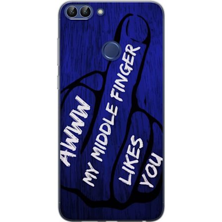 Kompatibelt Mobildeksel til Huawei P smart Mørk typografisk illustrasjon med hjerteform og budskap om vennskap mot dyp blå tretekstur