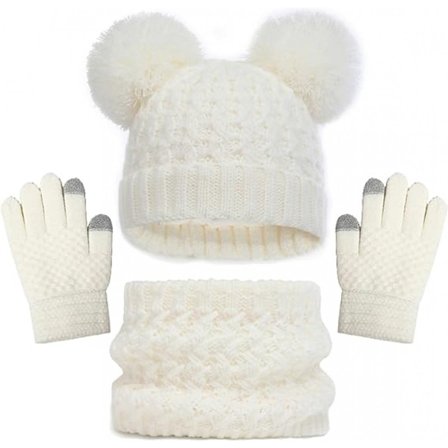Hvit - Skjerf, hansker og hatt tredelt sett (alder 2-8 år)