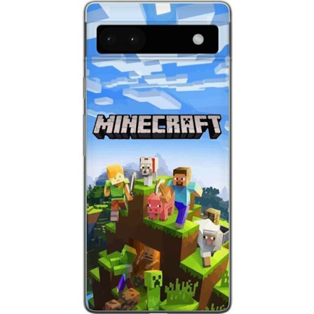 Kompatibelt Mobilskal till Google Google Pixel 6a Minecraft äventyrsklippa med Steve, Alex, djur och mobs i klassisk blockstil där hela världen sam