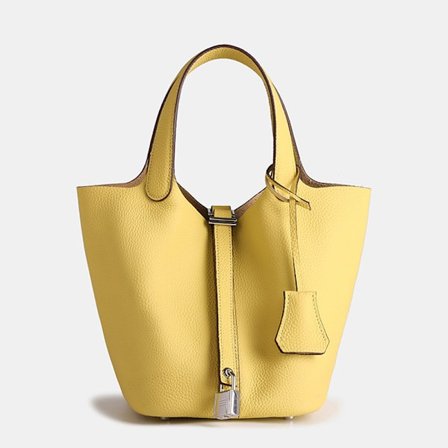 Førstelags ku skinn lychee mønster solid farge kurv veske stor kapasitet pendler ekte lær håndveske bøtteveske Gul