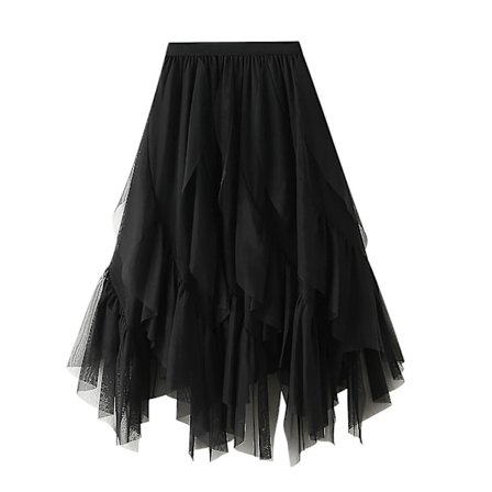 Dame Ensfarvet Uregelmæssig Mesh Nederdel Flæse Høj Talje Prom Nederdel