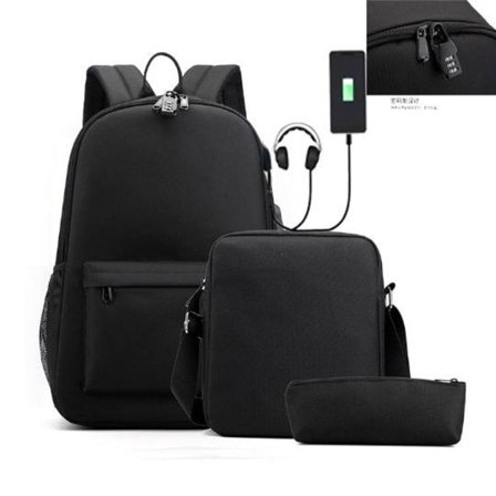 Barnryggsäck, pennfodral, axelremsväska, 3-pack med USB-uttag (svart)