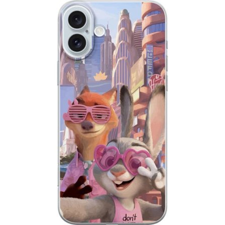 Yhteensopiva Puhelinkuori Apple Apple iPhone 16 Plus Animoituja eläimiä aurinkoisessa kaupunkiympäristössä, joilla on pinkit aurinkolasit ja posi