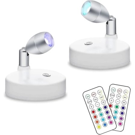 2 kpl Langattomia RGB LED-spottivaloja, Paristokäyttöiset korostusvalot, Himmennettävät Mini Puck -lamput sisätiloihin kaukosäätimellä, 4000K Lämmin 