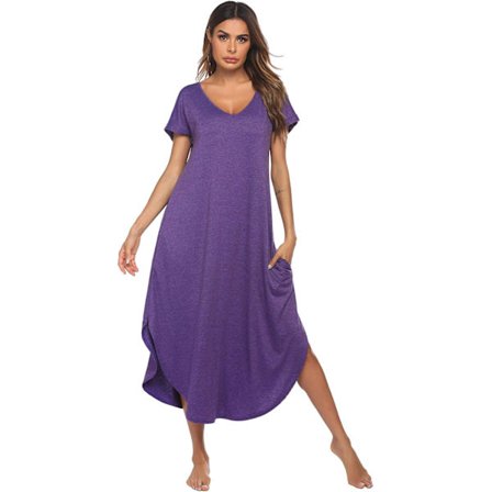 Nattkjoler for kvinner V-hals Natttrøyer Kortermet Mykt nattøy Sidesplitt Lommer Lang nattkjole